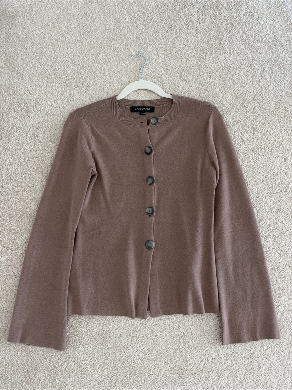 LOFT Brown Button-Front Crewneck Cardigan
